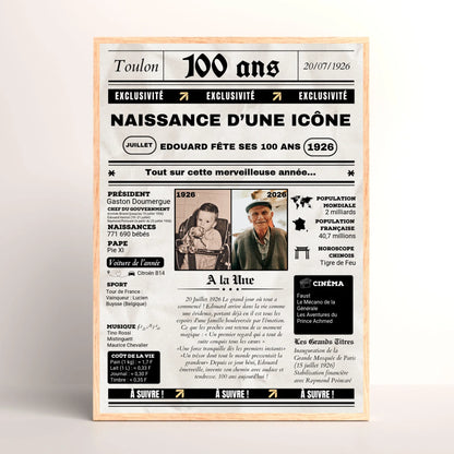 Affiche Personnalisée Anniversaire 100 Ans Journal. Cadeau anniversaire 100 ans