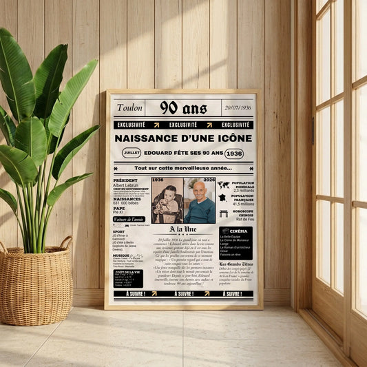 Affiche Personnalisée Anniversaire 90 Ans Journal. Cadeau anniversaire 90 ans