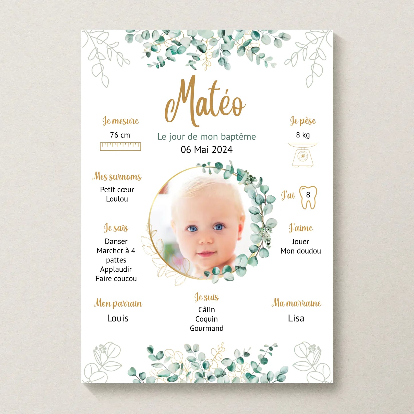 Affiche personnalisée Baptême ou Anniversaire eucalyptus