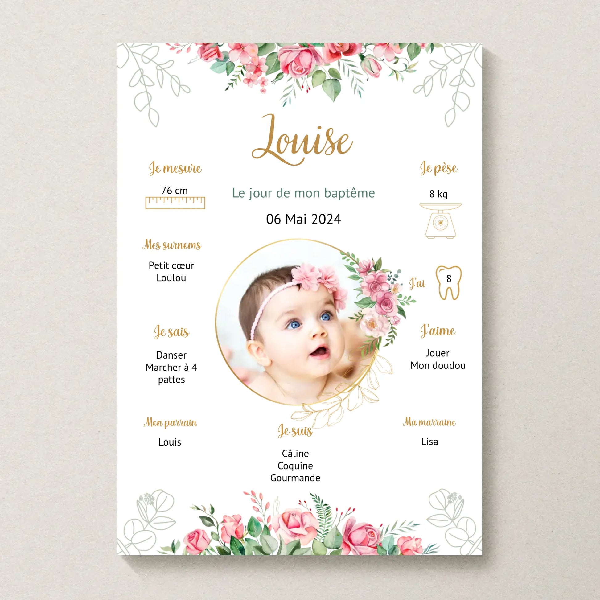Affiche personnalisée Baptême ou Anniversaire "Bohème Roses"
