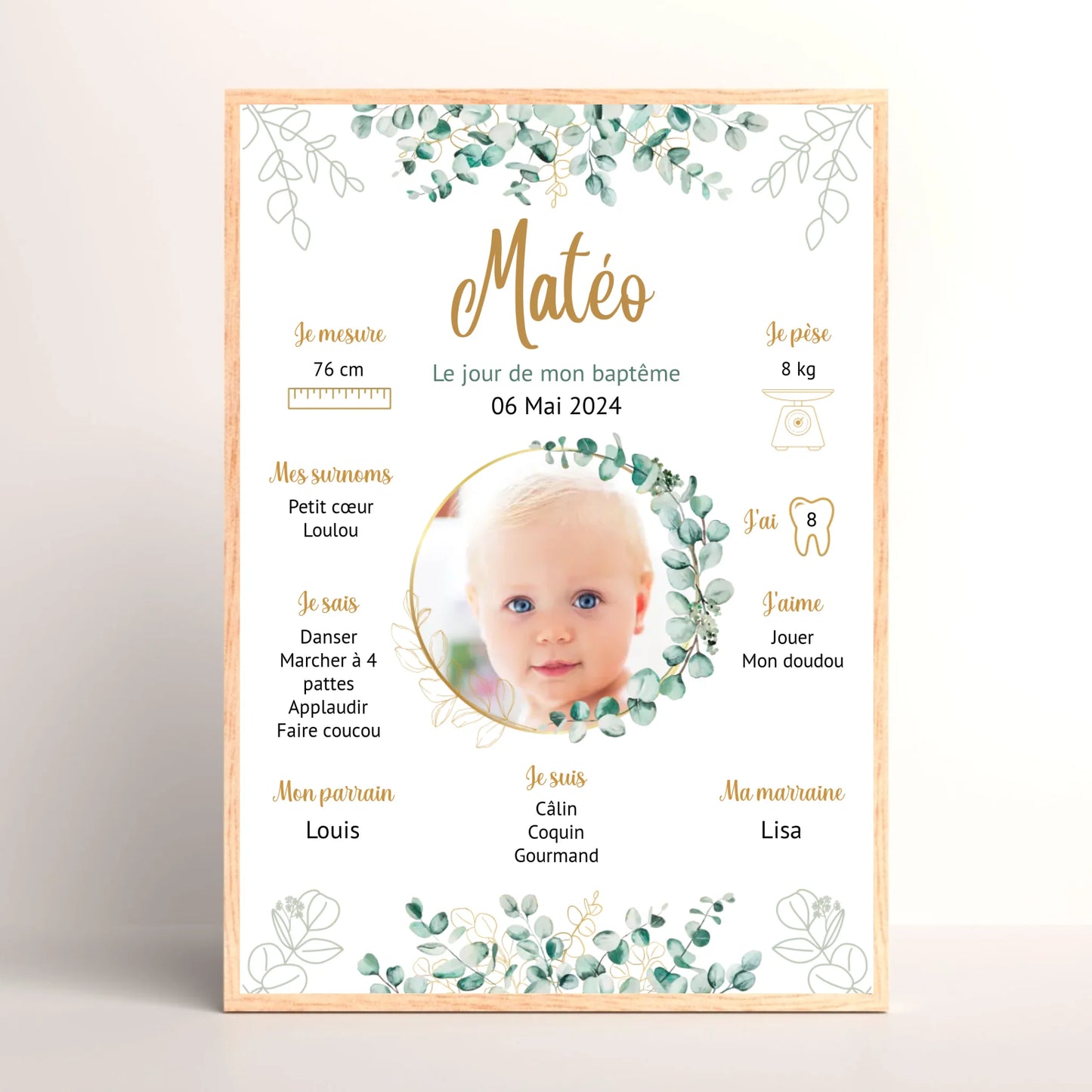 Cadre personnalisé Baptême ou Anniversaire eucalyptus