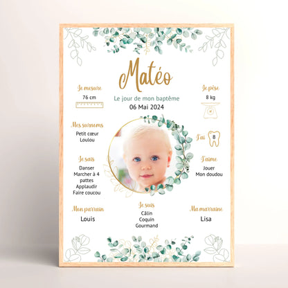 Cadre personnalisé Baptême ou Anniversaire eucalyptus