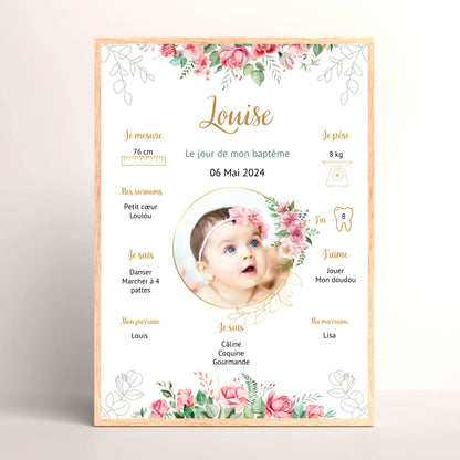 Cadre personnalisé Baptême ou Anniversaire "Bohème Roses"