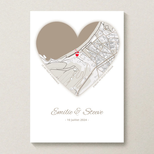 Affiche couple personnalisée carte du lieu de rencontre - cadeau personnalisé couple