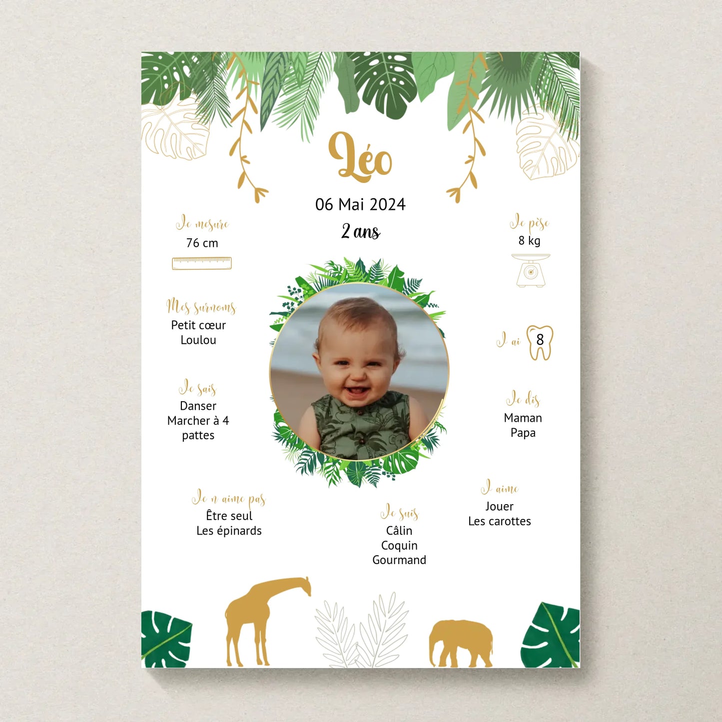 Affiche personnalisée - Anniversaire Baptême Jungle Girafe éléphant