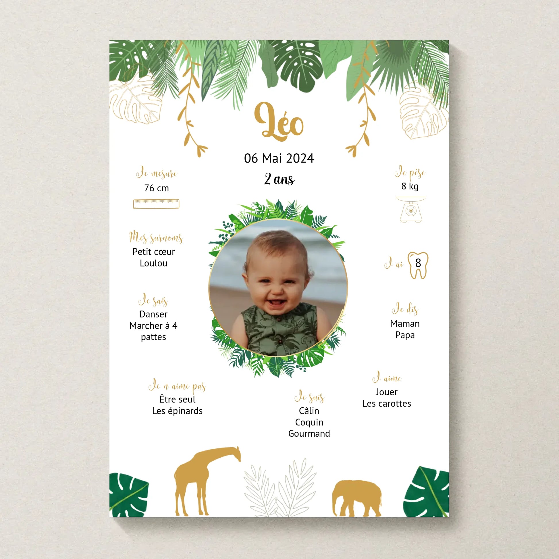 Affiche personnalisée - Anniversaire Baptême Jungle Girafe éléphant