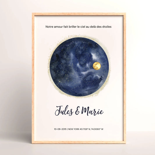 Affiche Personnalisée Ciel Étoilé avec Constellations – Cadeau Couple Unique, Date & Lieu Spéciaux
