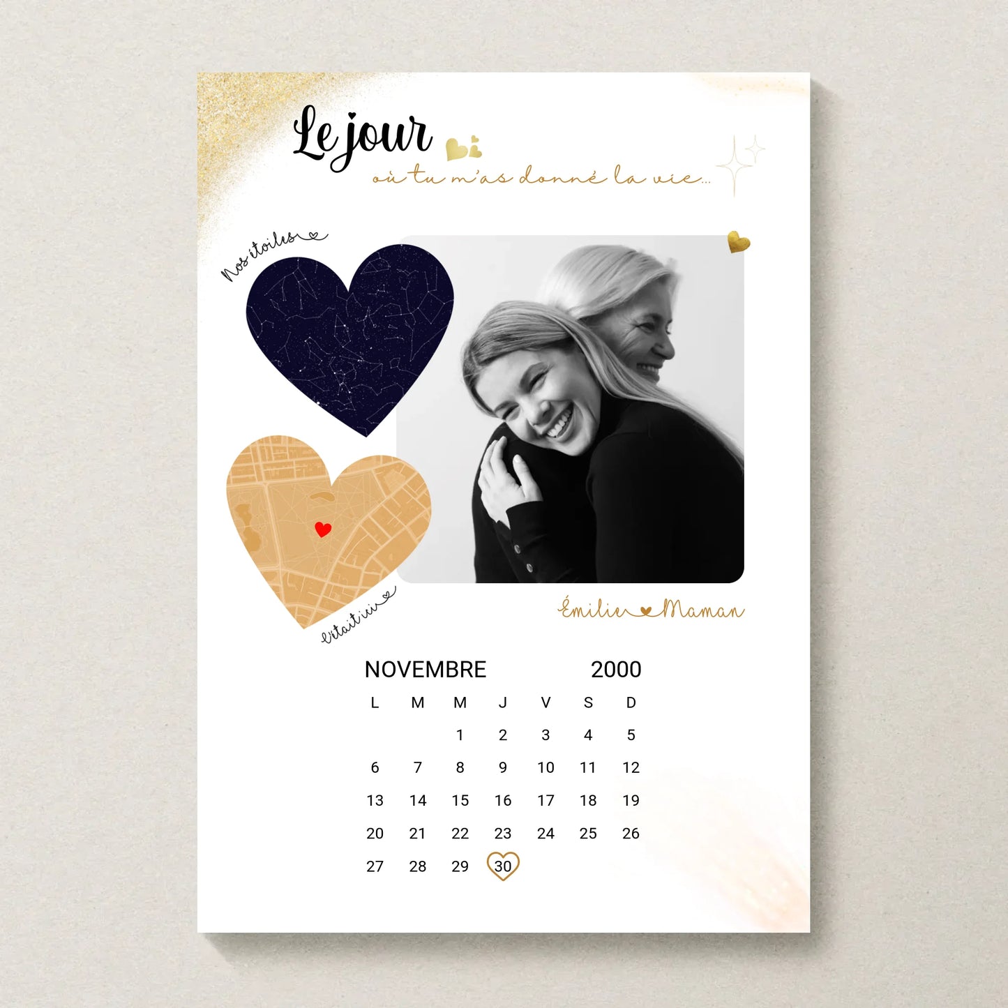 Affiche Personnalisée Maman Calendrier avec Photo, Plan et Carte des étoiles - cadeau personnalisé maman
