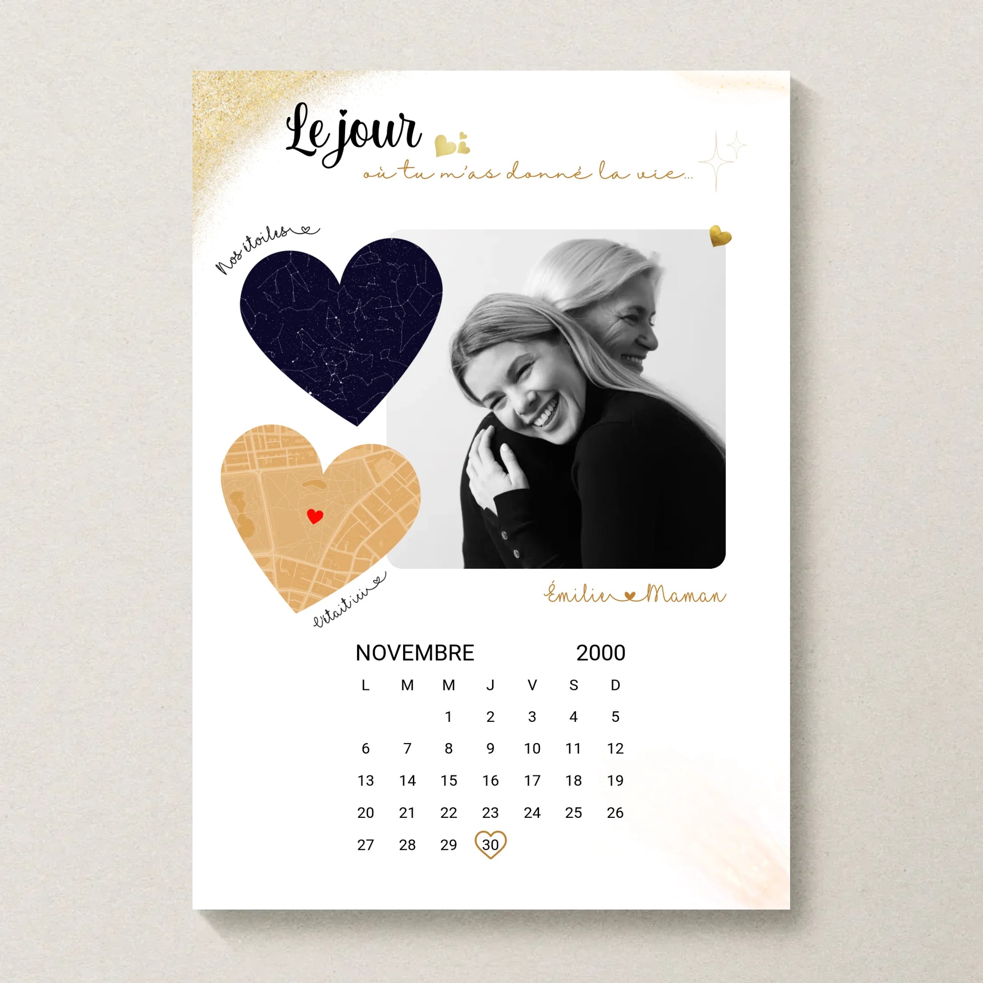 Affiche Personnalisée Maman Calendrier avec Photo, Plan et Carte des étoiles - cadeau personnalisé maman