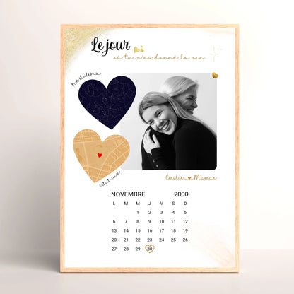 Cadre Personnalisé Maman Calendrier avec Photo, Plan et Carte des étoiles - cadeau personnalisé maman