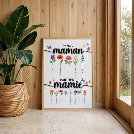 Affiche D'abord maman, maintenant mamie avec Fleurs de Naissance. Cadeau Mamie