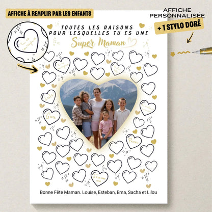 Affiche personnalisée Super Maman avec photo – Cadeau fête des mères à remplir par les enfants
