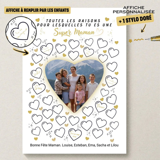 Affiche personnalisée Super Maman avec photo – Cadeau fête des mères à remplir par les enfants