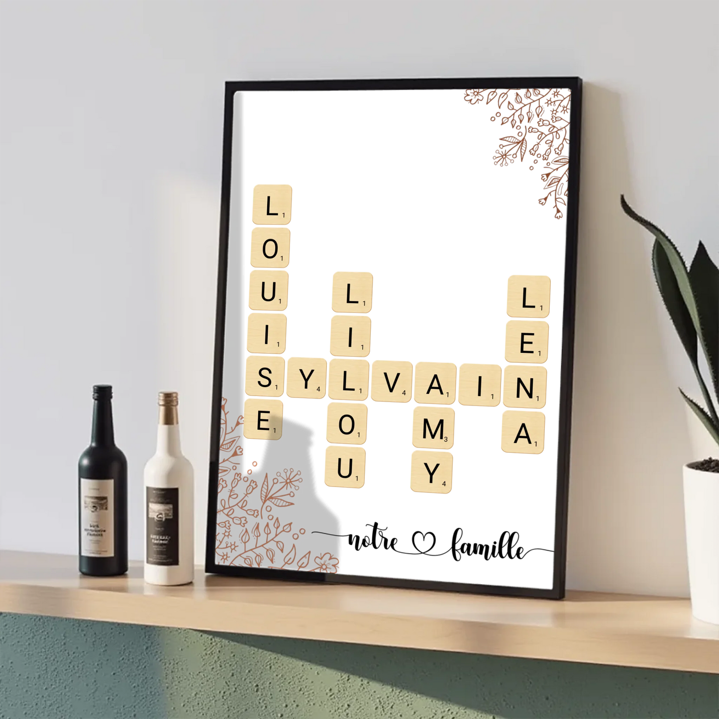 Affiche prénoms croisés famille personnalisée avec illustration florale