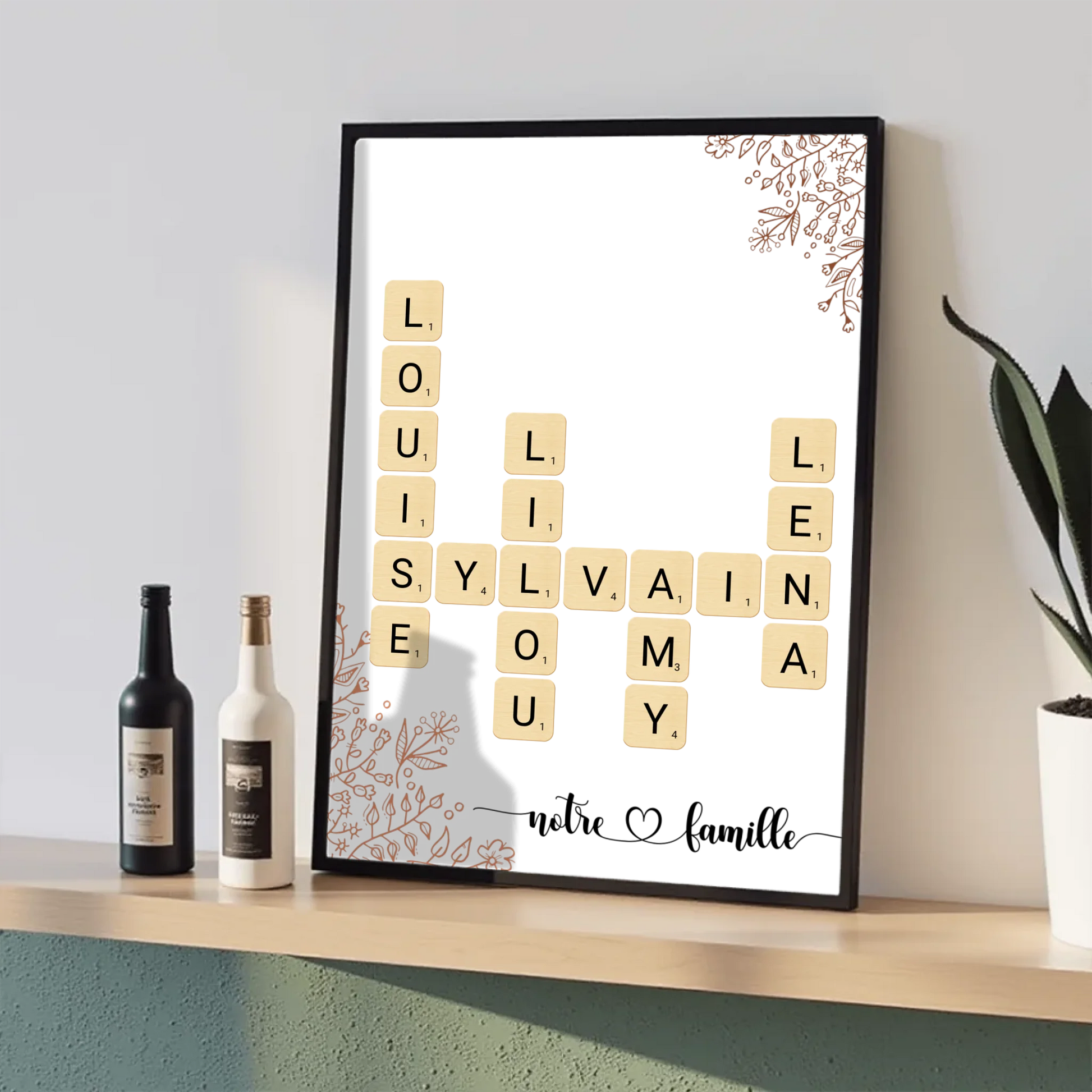 Affiche prénoms croisés famille personnalisée avec illustration florale