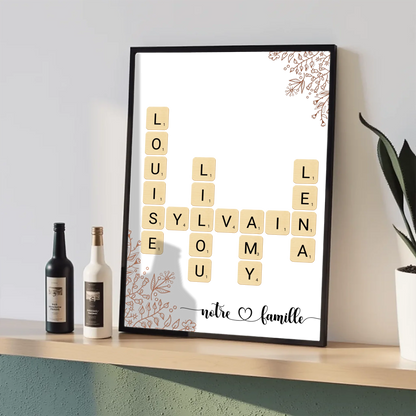 Affiche prénoms croisés famille personnalisée avec illustration florale