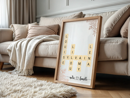 Affiche Famille Scrabble Personnalisée - Cadeau déco prénom croisés - Poster Scrabble fleurs