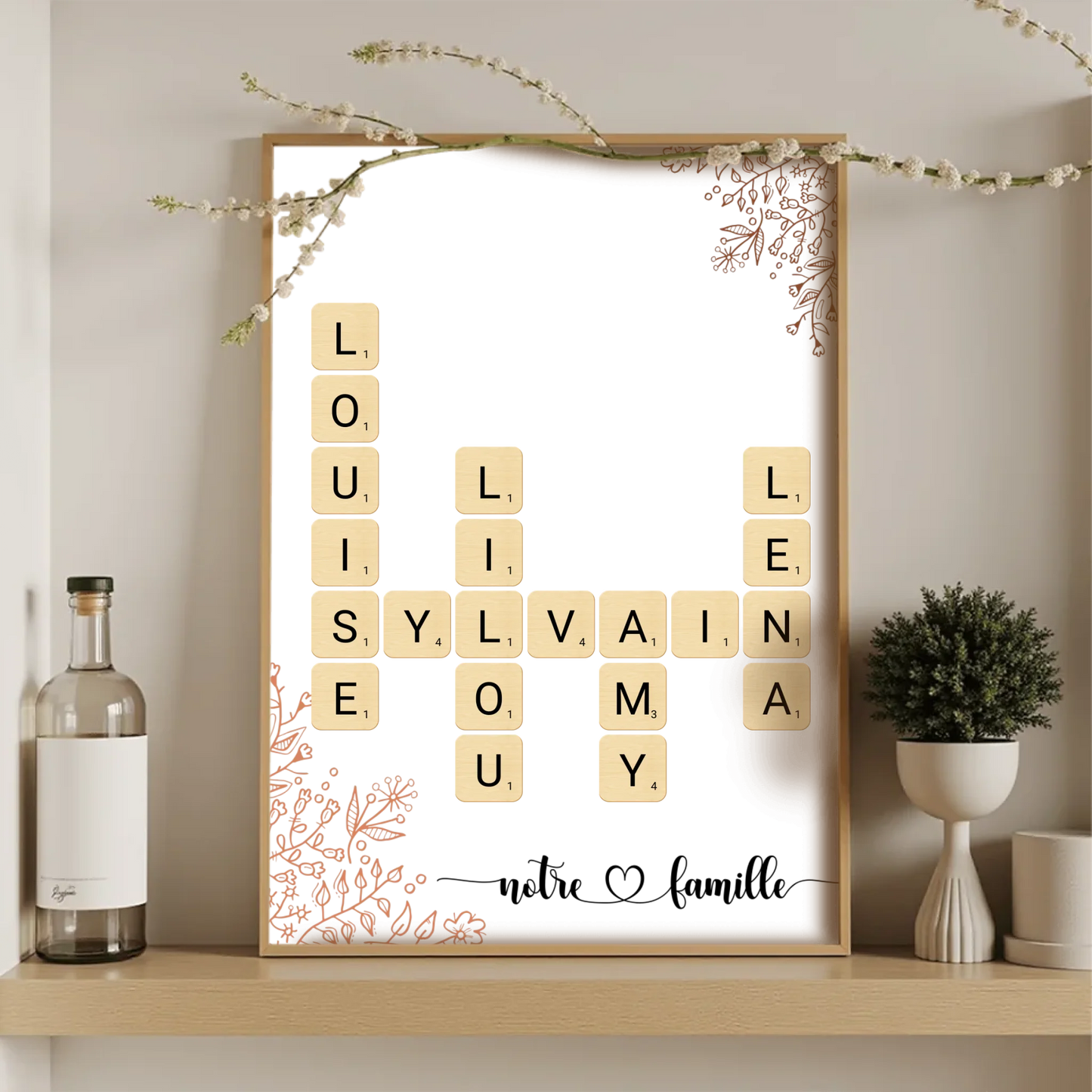 Affiche originale Notre famille – mots croisés personnalisés sur fond blanc