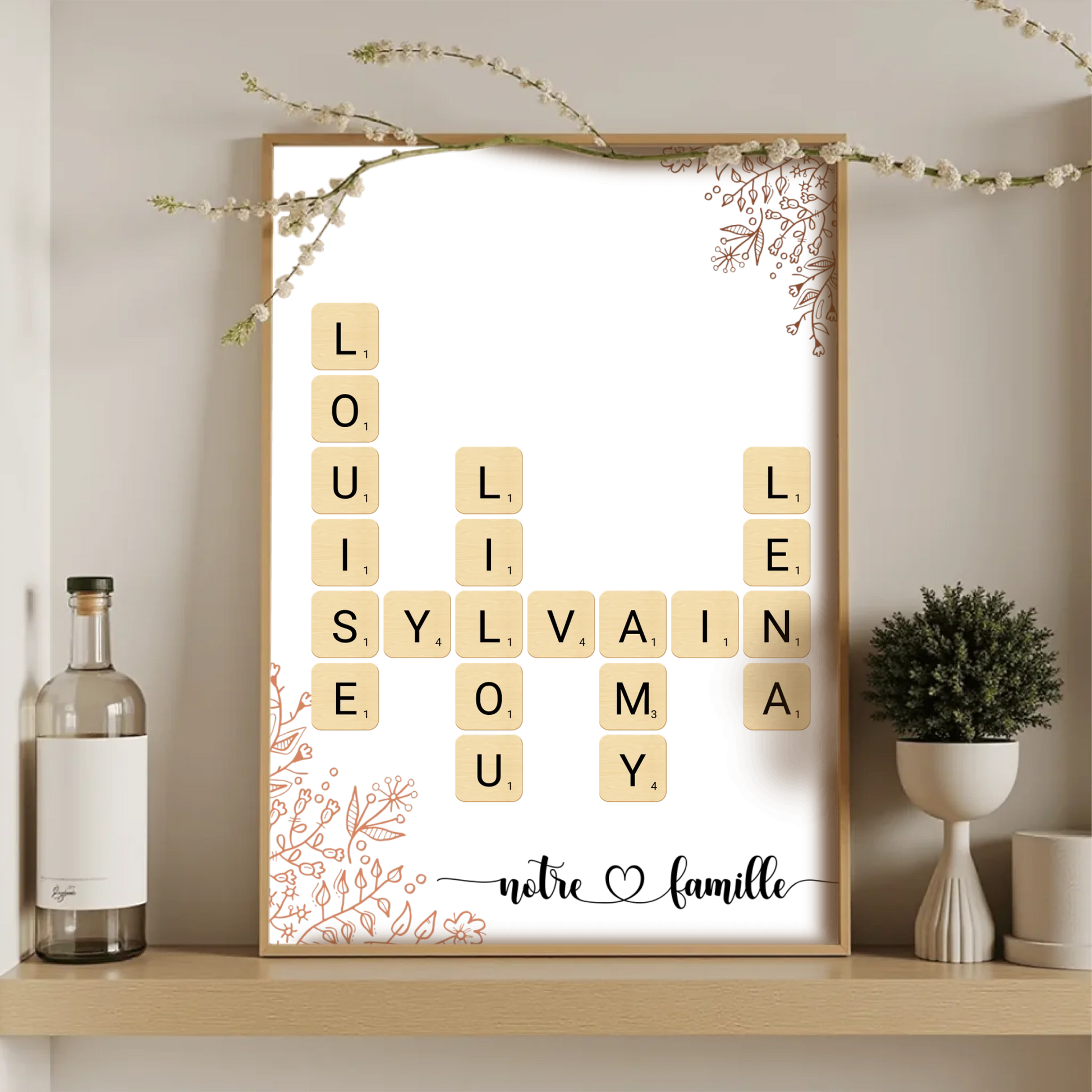 Affiche originale Notre famille – mots croisés personnalisés sur fond blanc