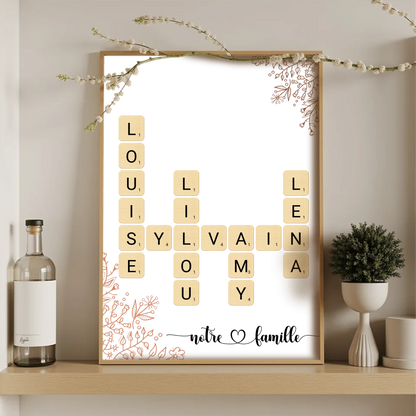 Affiche originale Notre famille – mots croisés personnalisés sur fond blanc