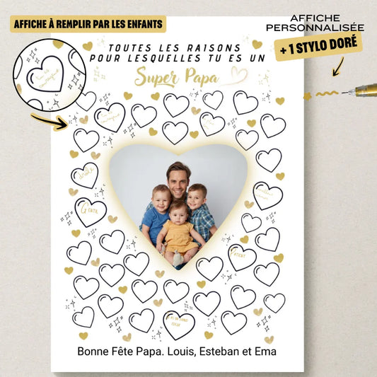 Affiche personnalisée Super Papa avec photo – Cadeau fête des pères à remplir par les enfants