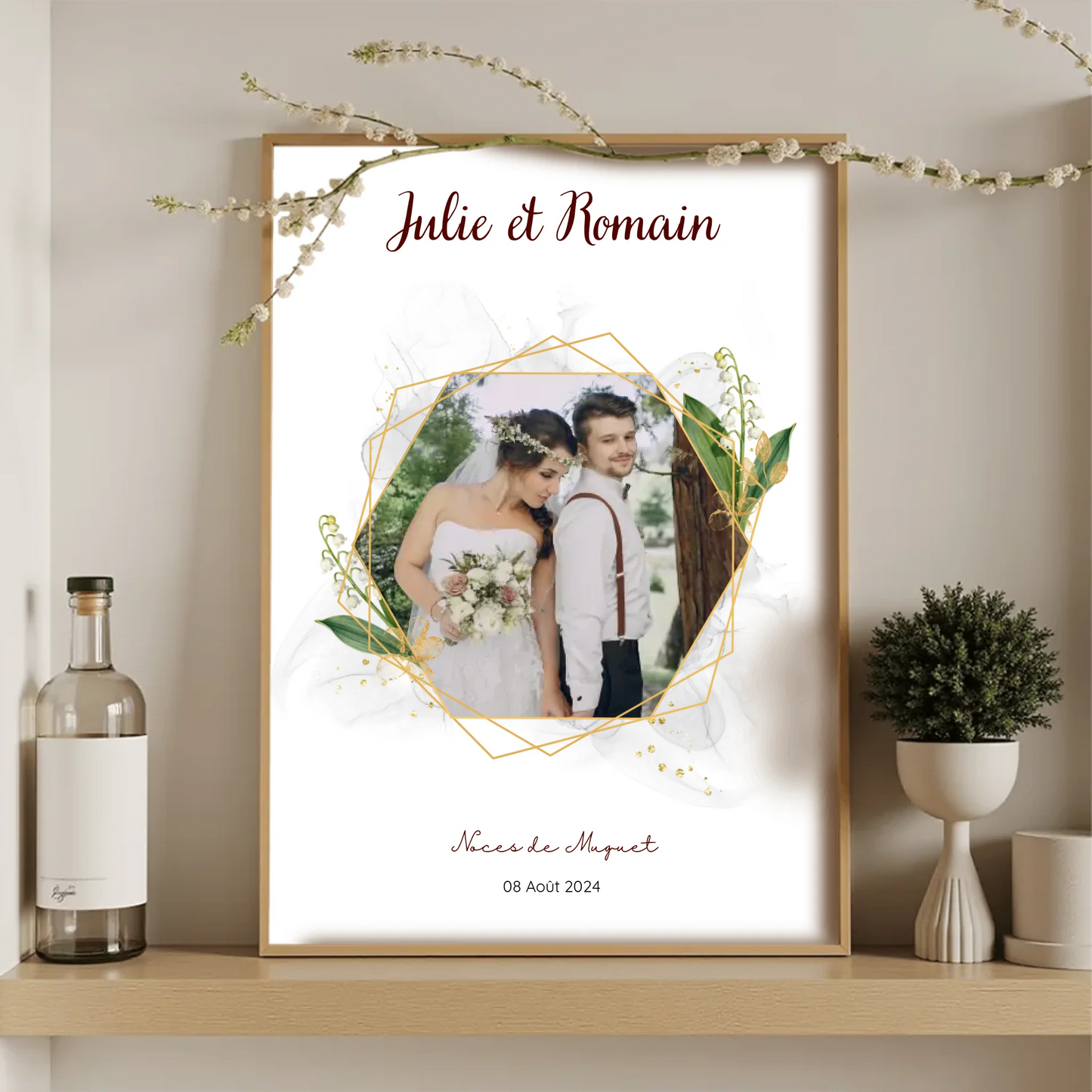 Affiche noces de muguet dans un cadre en bois, cadeau 13 ans de mariage