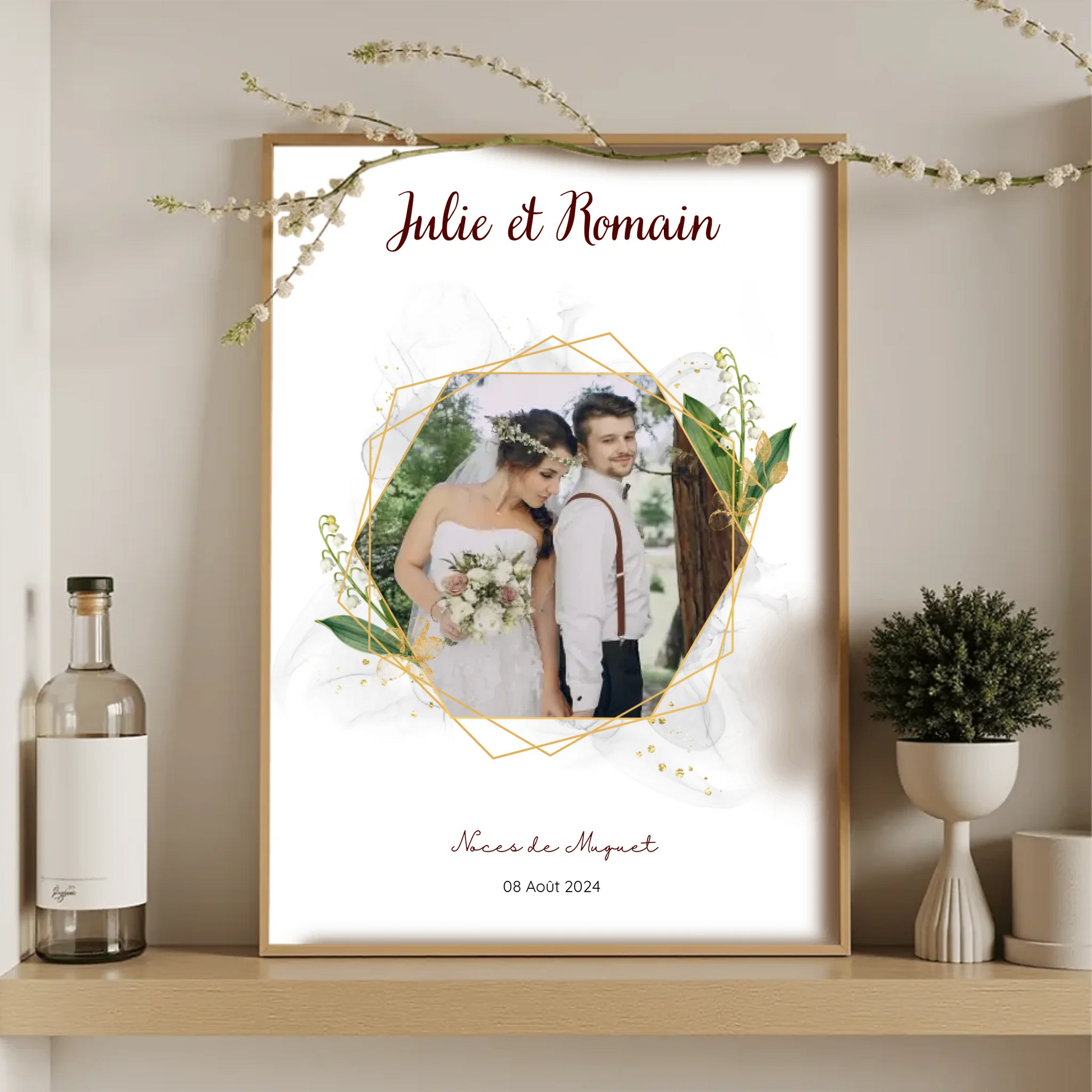 Affiche noces de muguet dans un cadre en bois, cadeau 13 ans de mariage
