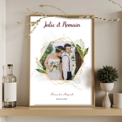 Affiche noces de muguet dans un cadre en bois, cadeau 13 ans de mariage