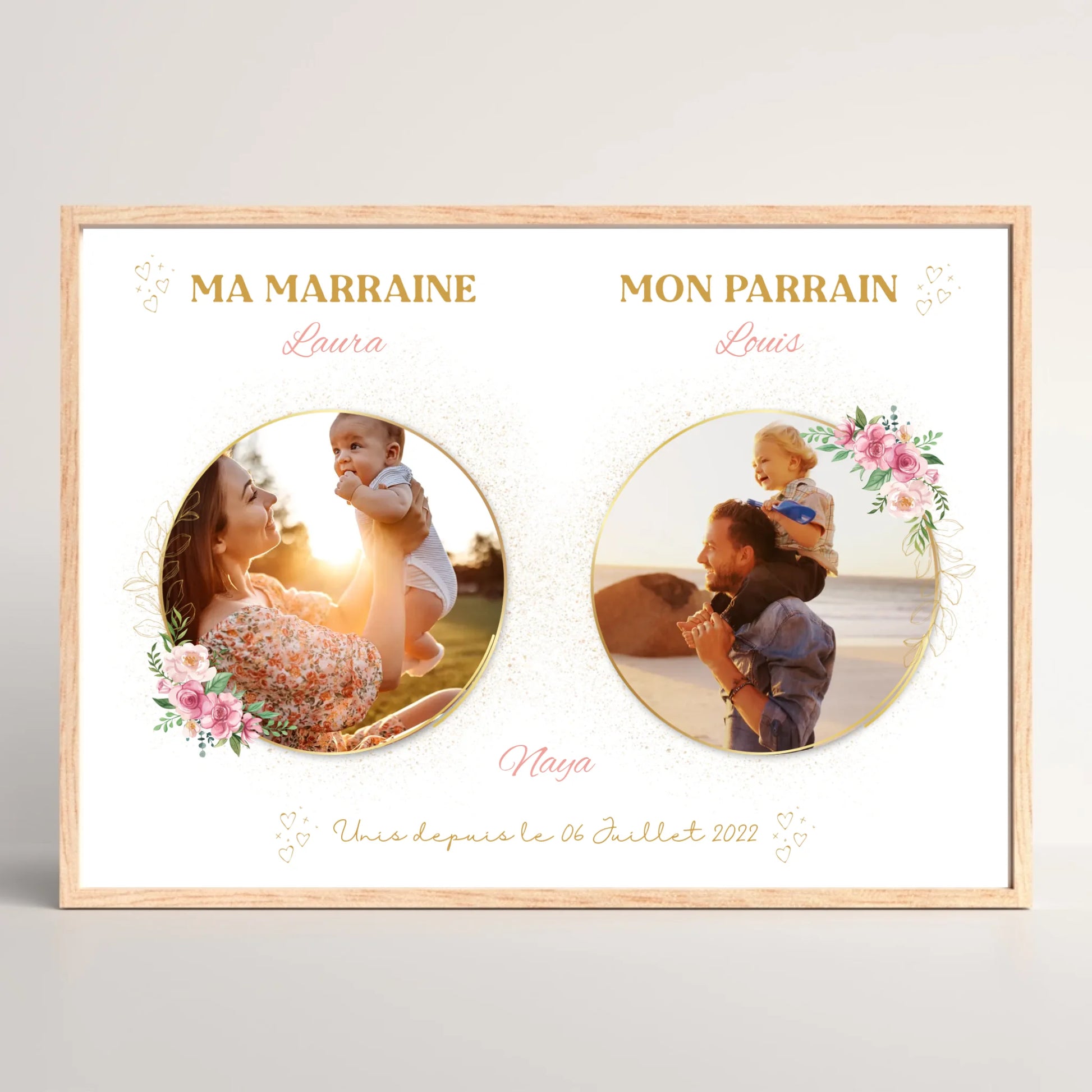 Cadre personnalisé parrain et marraine avec photos - Baptême champêtre bohème rose