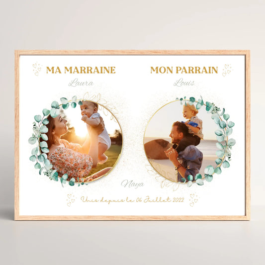 Cadre personnalisé - parrain et marraine avec photos - Baptême champêtre bohème EUCALYPTUS