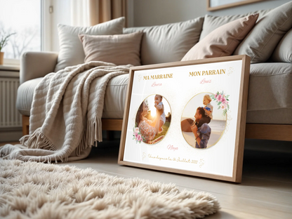 Affiche personnalisée - parrain et marraine avec photos - Baptême champêtre bohème rose