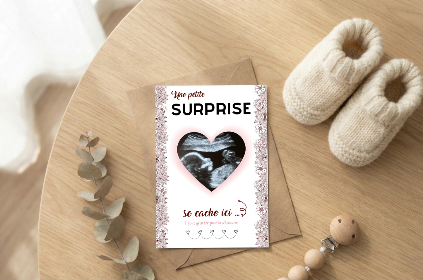 Carte à Gratter "Cœur Surprise" - Annonce Grossesse avec Échographie