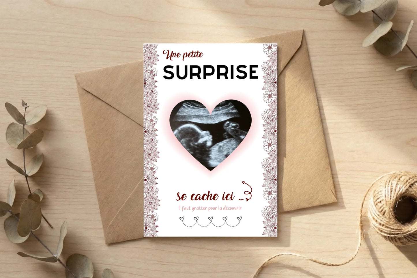 Carte à Gratter "Cœur Surprise" - Annonce Grossesse avec Échographie