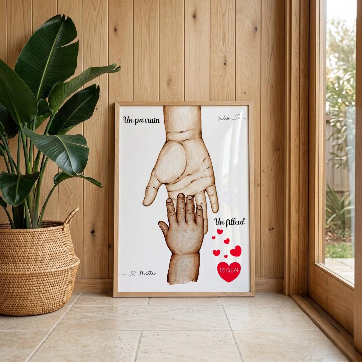 Affiche personnalisée - Mains Parrain Marraine Filleul(e) - Cadeau baptême