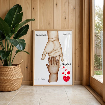 Affiche personnalisée - Mains Parrain Marraine Filleul(e) - Cadeau baptême