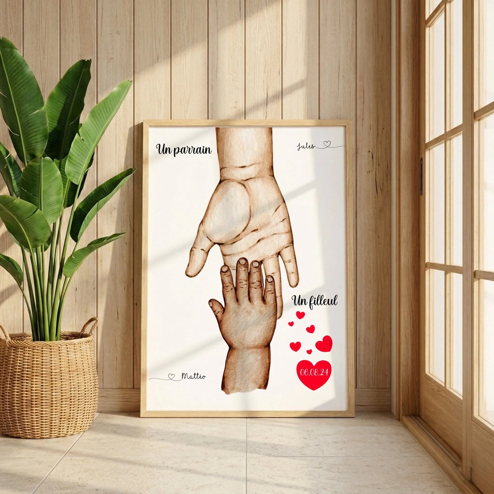 Affiche personnalisée - Mains Parrain Marraine Filleul(e) - Cadeau baptême