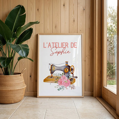 Affiche couture personnalisée — machine à coudre vintage et prénom
