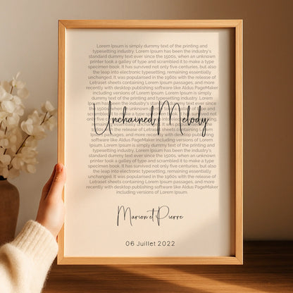 Affiche personnalisée - Couple Paroles de chanson, prénoms et date