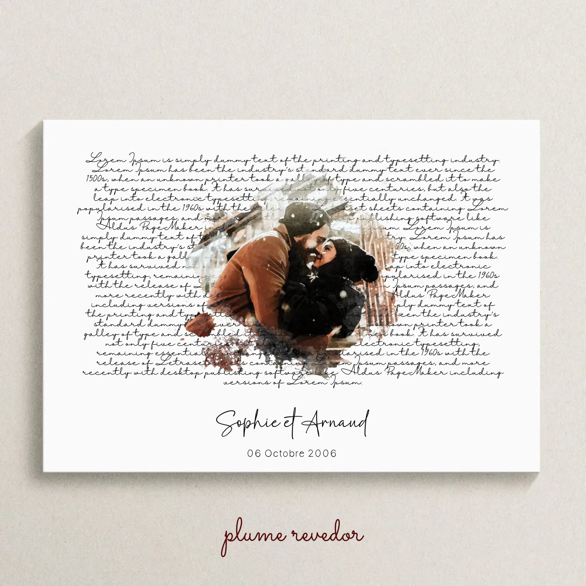 Affiche personnalisée - Couple aquarelle Paroles de chanson, prénoms et date - cadeau personnalisé couple