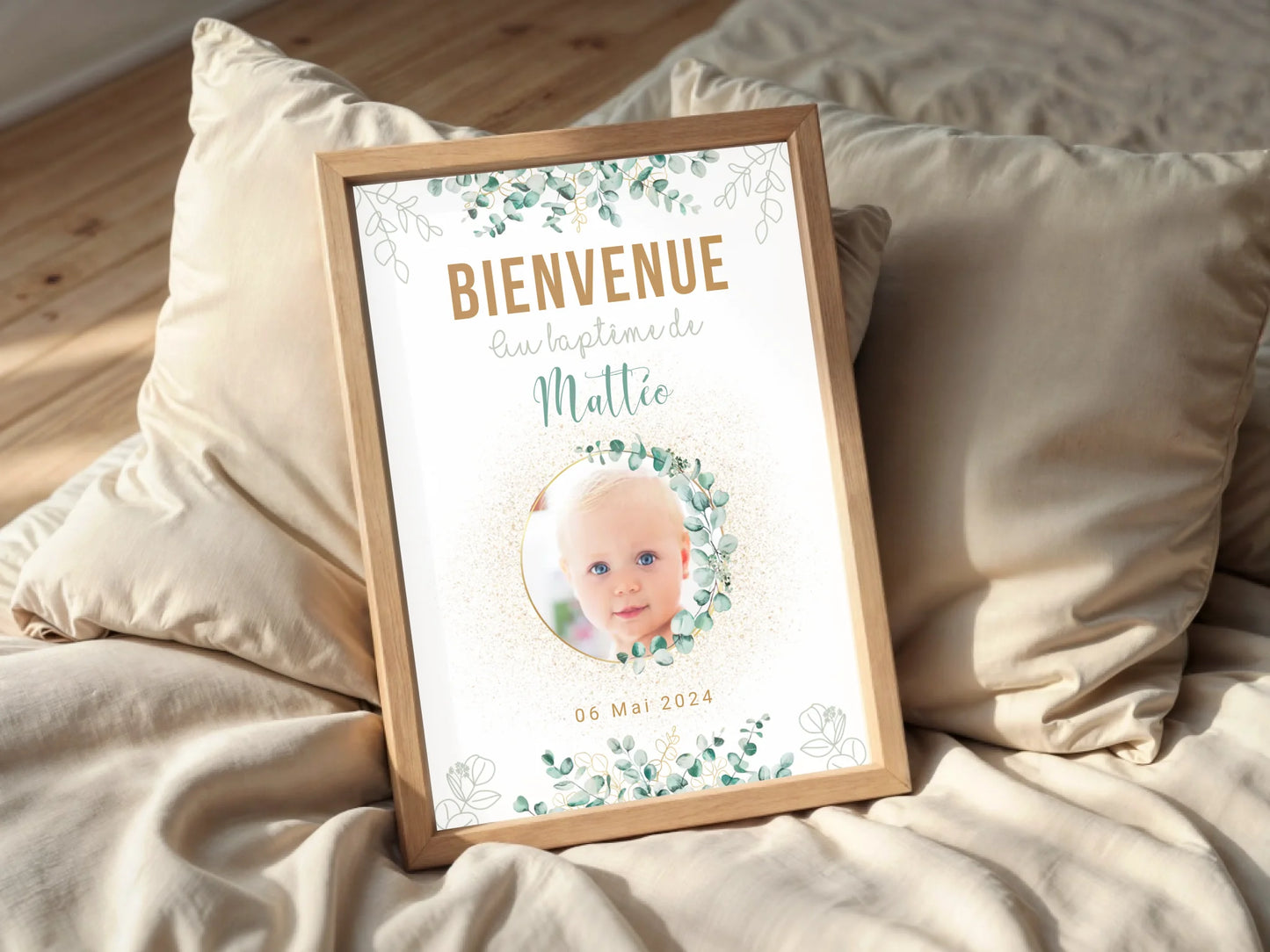 Affiche personnalisée Baptême ou Anniversaire Bienvenue "Eucalyptus OR"  