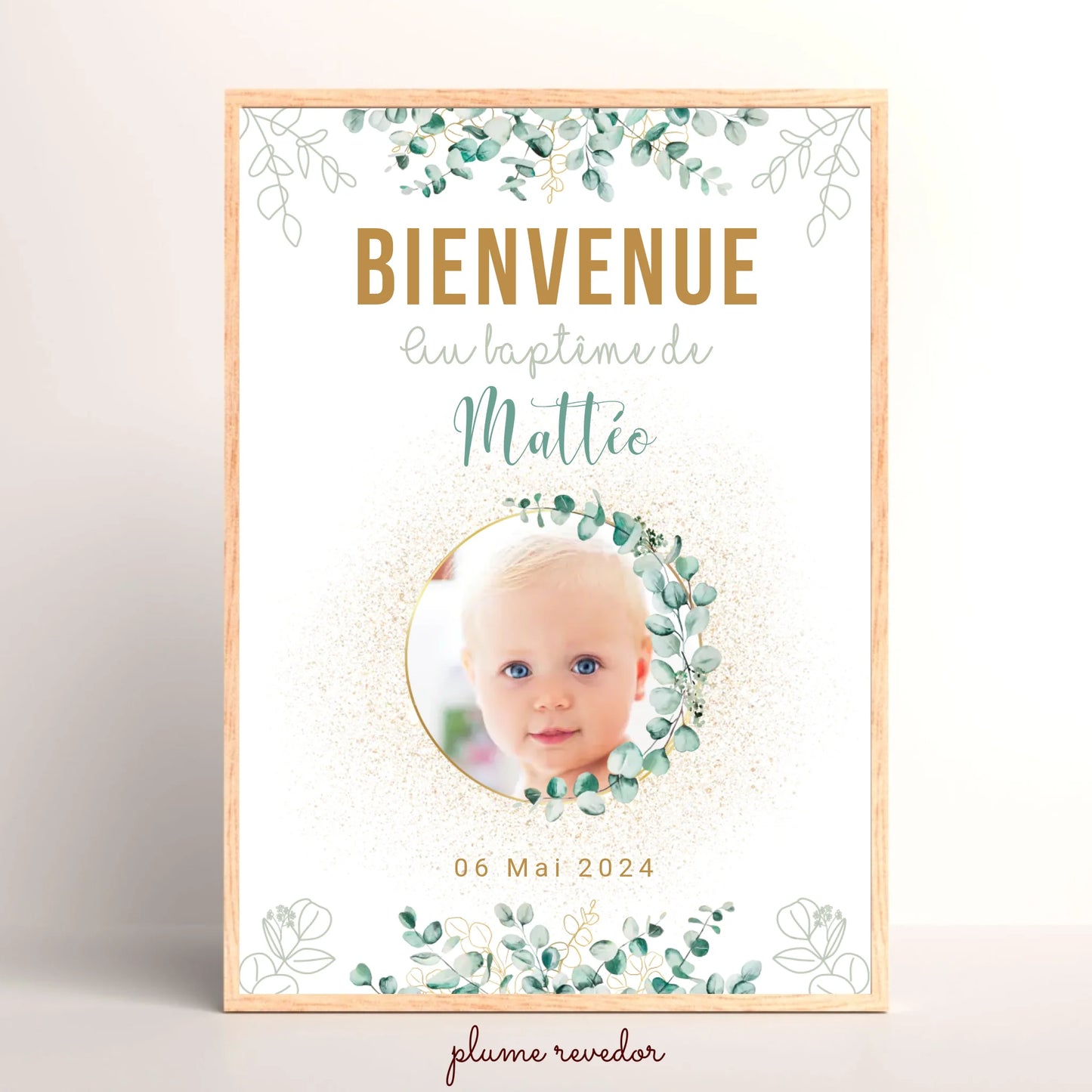 Affiche personnalisée Baptême ou Anniversaire Bienvenue "Eucalyptus OR"  