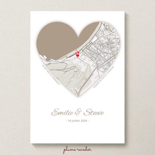 Affiche personnalisée couple carte du lieu de rencontre Cœur - cadeau personnalisé couple