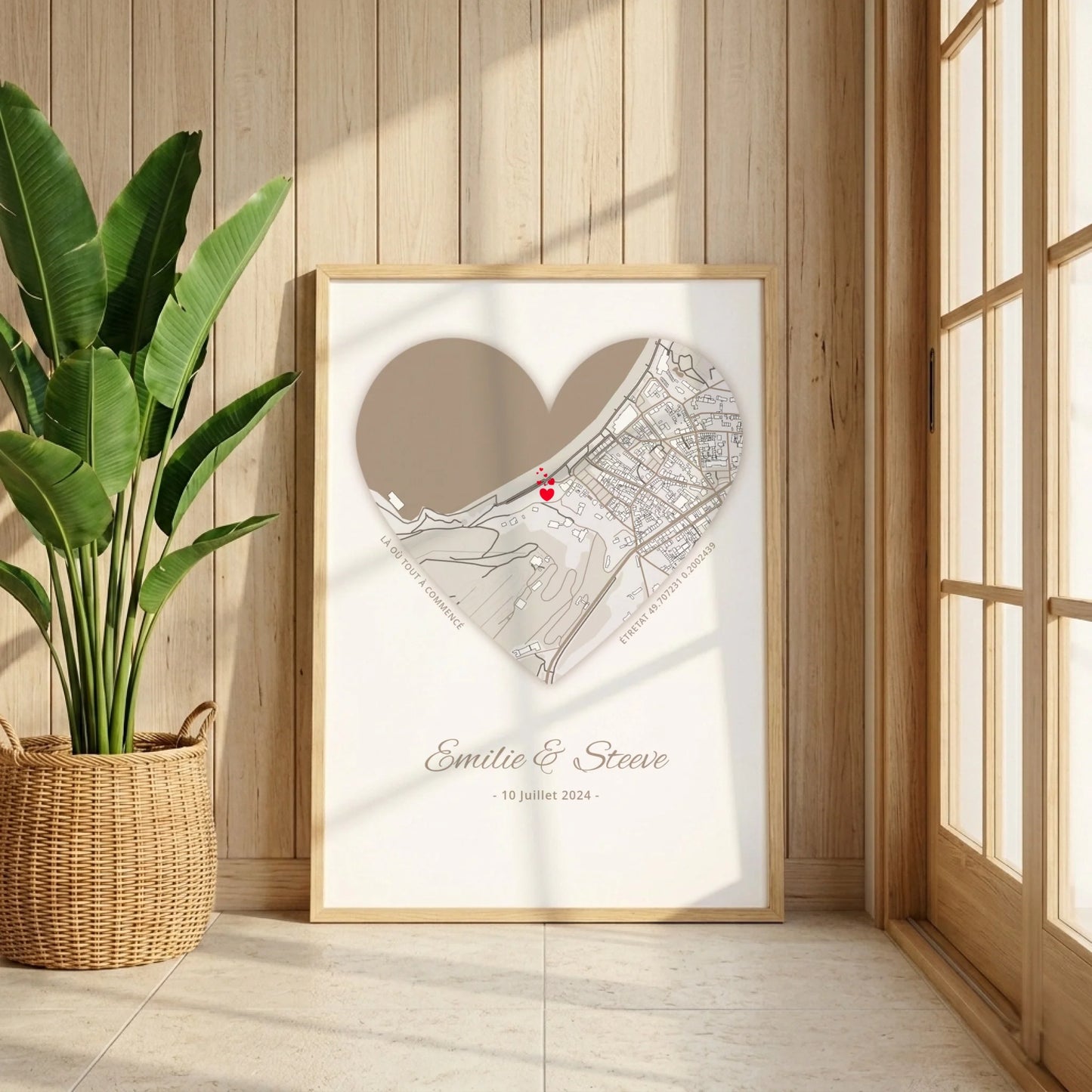 Affiche personnalisée couple carte du lieu de rencontre Cœur - cadeau personnalisé couple