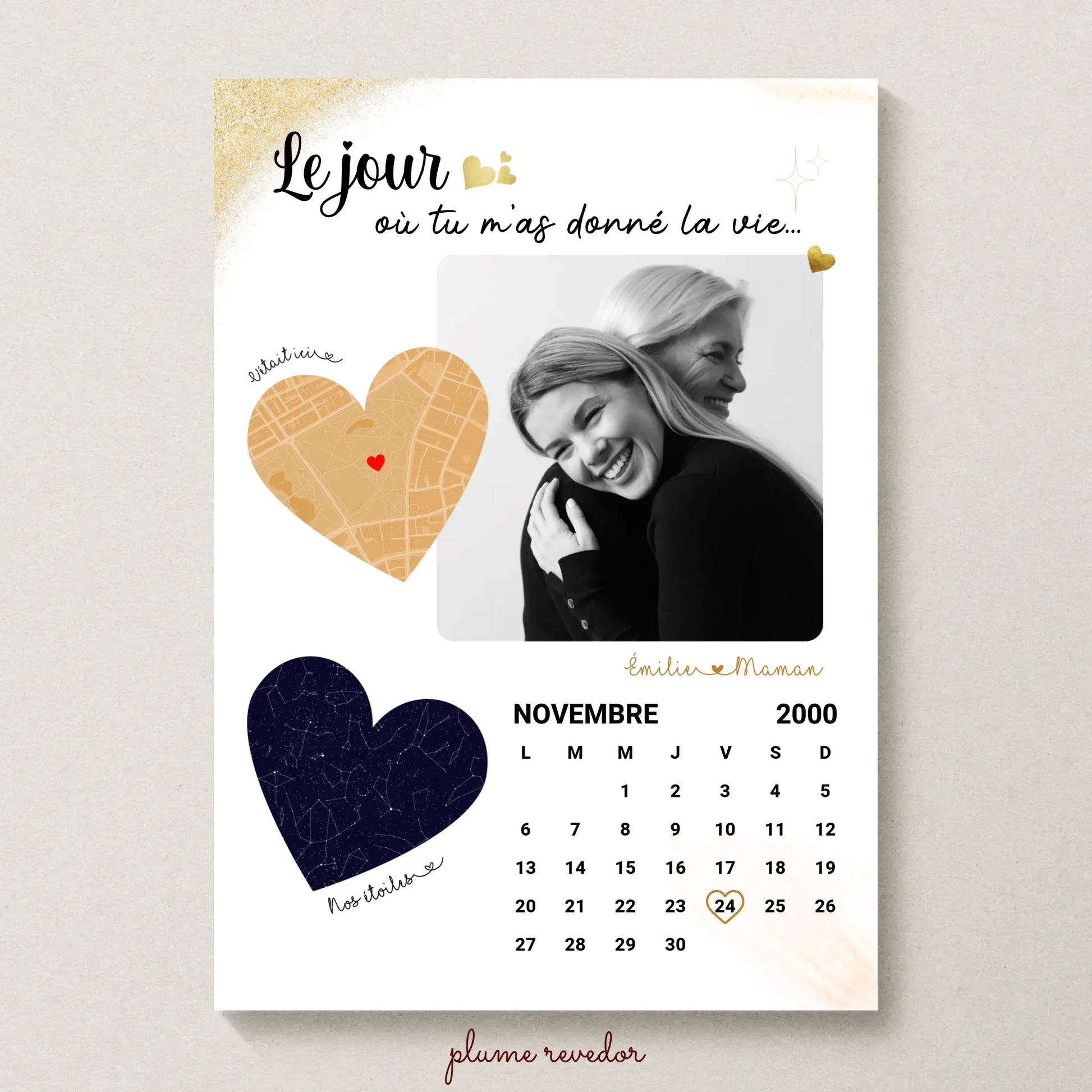 Affiche Personnalisée Maman Calendrier avec Photo, Plan et Carte des étoiles