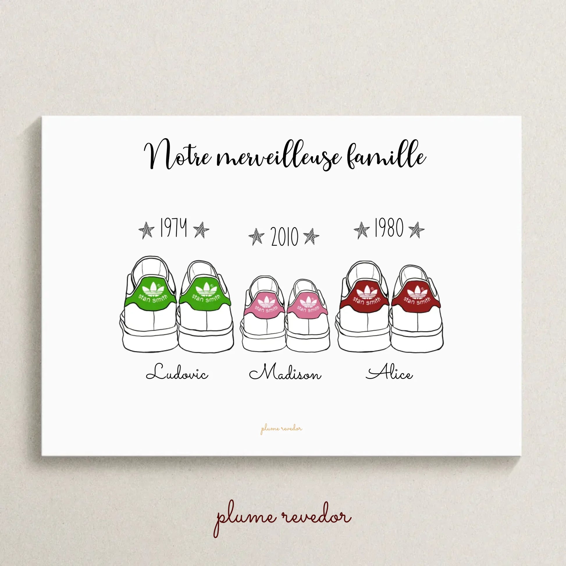 Affiche famille personnalisée — une paire de baskets et un prénom par membre