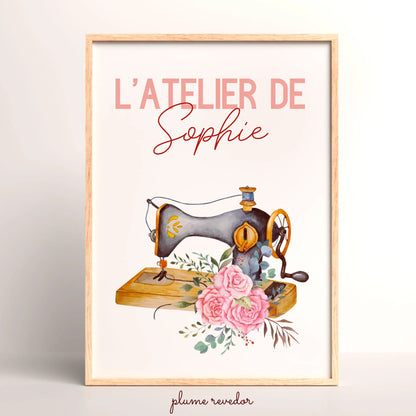 Affiche couture personnalisée — machine à coudre vintage et prénom