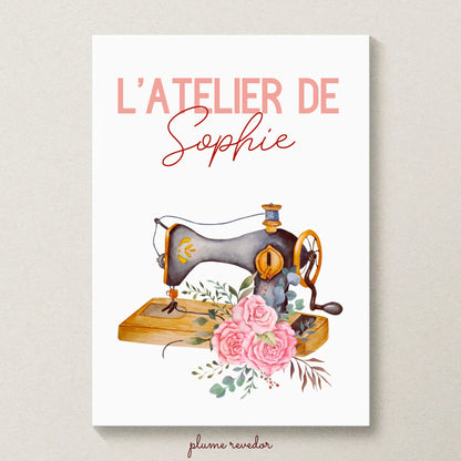 Affiche couture personnalisée — machine à coudre vintage et prénom