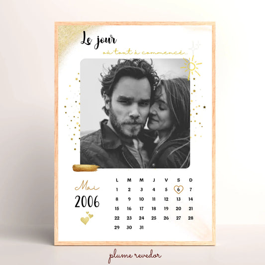 Affiche couple personnalisée — calendrier de la date de rencontre, prénoms et photo