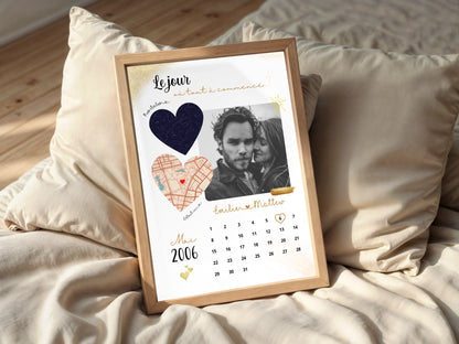 Affiche Personnalisée - couple Calendrier date, photo, Plan et Carte des étoiles