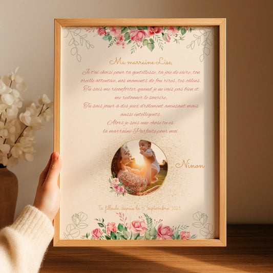 Affiche personnalisée - Marraine ou Parrain avec Texte et photo - cadeau personnalisé Marraine Parrain